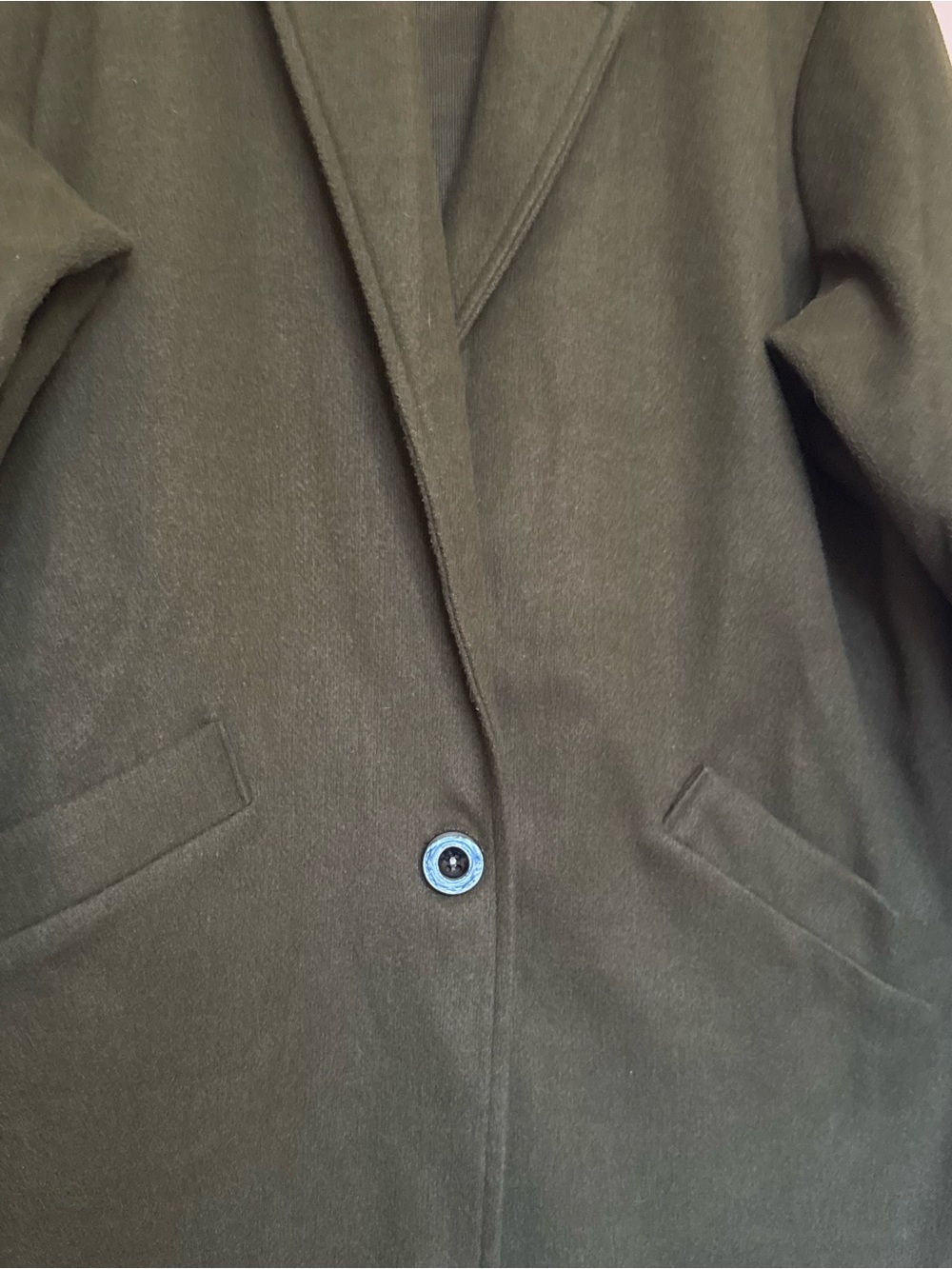 Olive Green Long Women's Coat - Single Button Overcoat - Picture 2 of 3